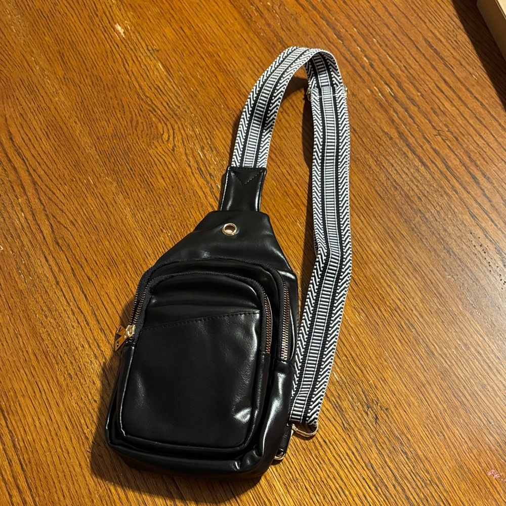 Black Crossbody Bag with Patterned Strap